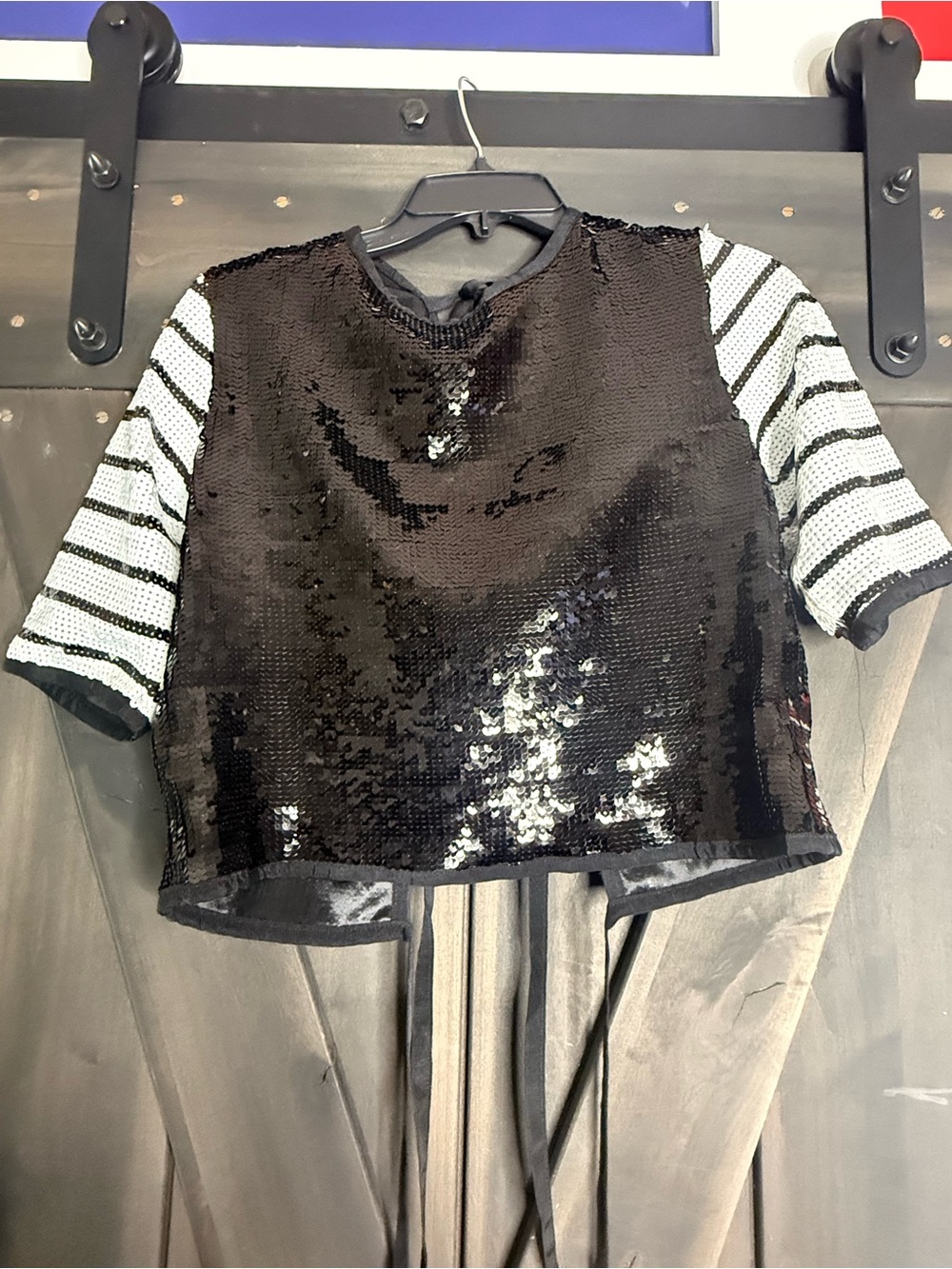 Zara Black Sequin Cropped Jacket with White and Black Striped Sleeves